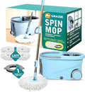 Grazie Spin Mop & Bucket Set - 360° Self-Wringing System with Wheels, Stainless Steel Handle - Hands-Free Floor Cleaning for Hardwood, Tile, Laminate - Includes 4 Washable Microfiber Mop Head Refills