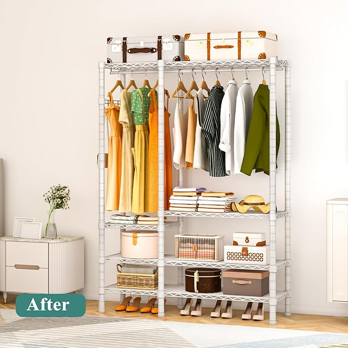 Heavy Duty Garment Rack, Metal Freestanding Closet Wardrobe Clothes Racks for Hanging Clothes, 4 Tiers Adjustable Wire Shelving, 44.9'' L x 16.5'' W x 76.8 '' H, Max Load 850LBS, White