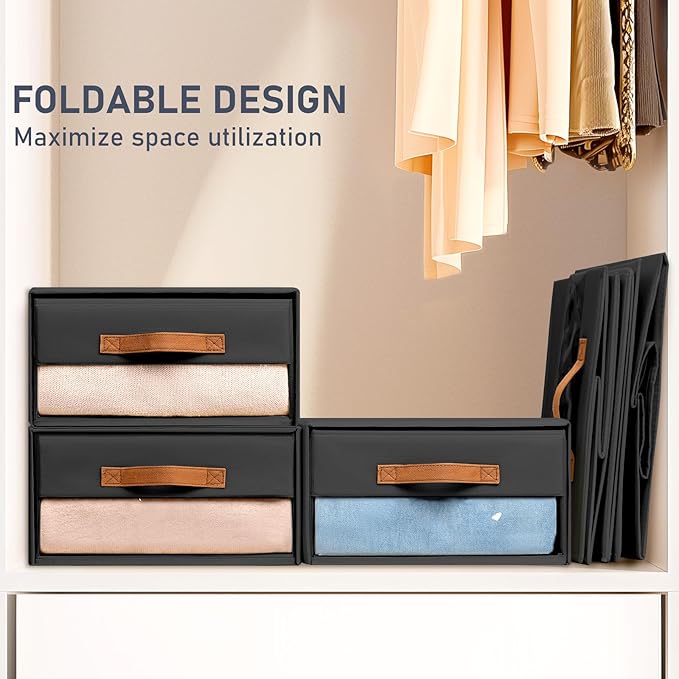 DIMJ Closet Organizers and Storage - Foldable Storage Bins with Drawers Fabric Stackable Storage Drawers with Clear Window,Fabric Clothes Organizers and Storage Drawers for Closet, 4-Pack, Black