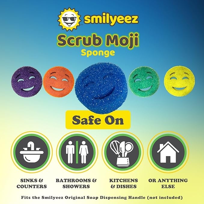 The Original Scrub Moji Scrubbing Sponge by Smilyeez (Set of 3) - Yellow - Temperature-Responsive Polymer Foam, Stain and Odor Resistant, Ideal for Kitchen and Bathroom Cleaning