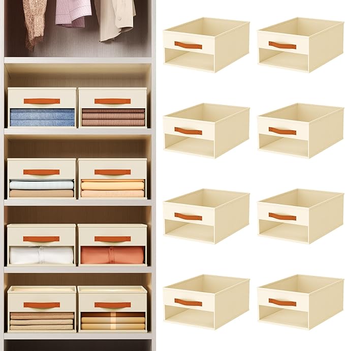 Homsorout Drawer Organizers and Storage - 8 Pack Foldable Pants Organizer with Clear Window & Handles, Fabric Closet Organizer for Clothes, Jeans, Sweaters, Towels, T-shirt, Scarf (Beige)