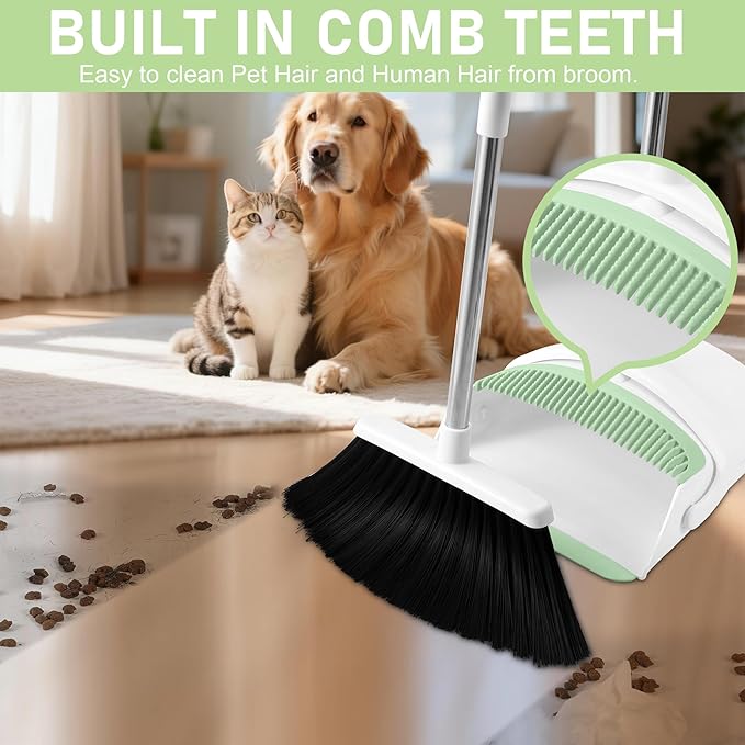 Broom with Dustpan Combo Set for Home 54-in Long Adjustable Handle Angle Broom and Dustpan Set with Dustpan Comb Teeth for Sweeping Pet Hair Food Dirt Kitchen