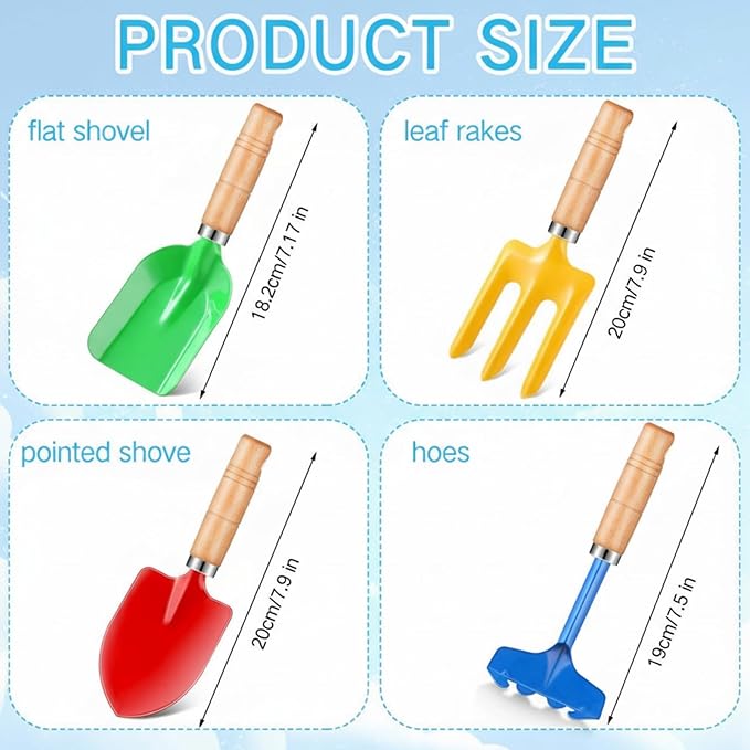 8" Kids Gardening Tools, Metal Beach Sandbox Digging Toys with Wooden Handle, Including Shovel, Rake, Fork and Trowel, Garden Sand Snow Tools for Children Gift Outdoor Gardening(100 Pcs)