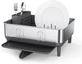 simplehuman Compact Dish Drying Rack with Stainless Steel Frame, 360º Easy Drain Swivel Spout, Utensil Holder, Anti-Residue Coating, Moisture Control Surface, Grey