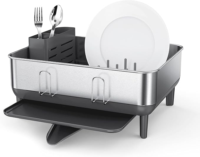 simplehuman Compact Dish Drying Rack with Stainless Steel Frame, 360º Easy Drain Swivel Spout, Utensil Holder, Anti-Residue Coating, Moisture Control Surface, Grey