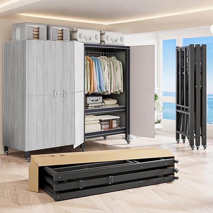 Heavy Duty Covered Clothes Rack with Magnetic Door Foldable Portable Wardrobe Closet for Hanging Clothing Rolling Black Metal Garment Rack on Wheels Closet System (Gray, 49.12in)