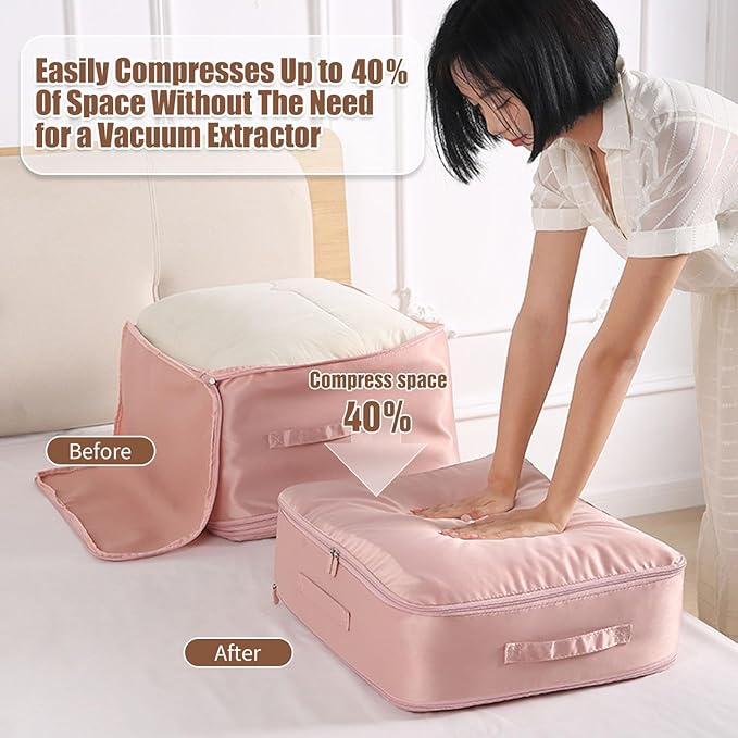 Ultra Space Saving Self Compression Organizer, Upgraded Space Saving Self Compression Organizer Space Bags, Premium Comforter Packaging Cube Bedding Storage Bag (Light Grey, Large 54×42×30cm)