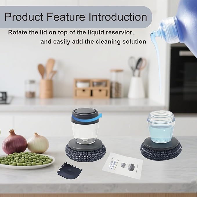 Dish Scrubber with Soap Dispenser, Steel Wool Scrubber with Replaceable Steel Wool, Transparent Cleaning Solution Reservoir, Cast Iron Cleaning Kit with Cast Iron Scraper for Cleaning Pans, Grills