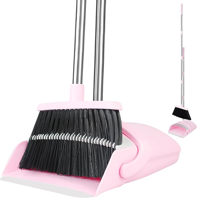 Broom and Dustpan Set, Broom Dustpan Combo Set for Home Commercial Cleaning Supplies Angle Broom with Long Handle Perfect for Courtyard Garage Street (Small-Pink)
