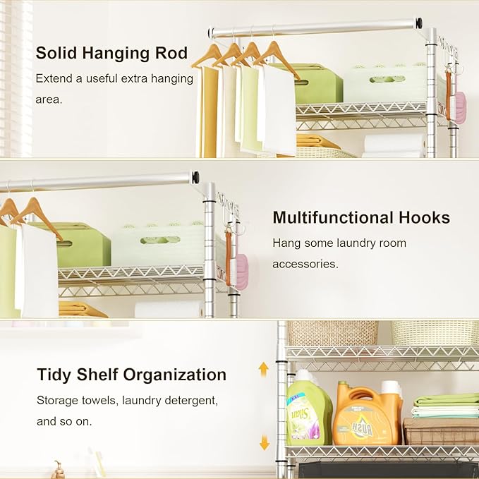 Ulif U11 Mini Over Washer and Dryer Shelves, 3 Tiers Laundry Room Storage and Organizer Standing Shelf, Metal Freestanding Clothes Drying Rack, 28.3" W x 19.7" D x 77.6" H, Chrome