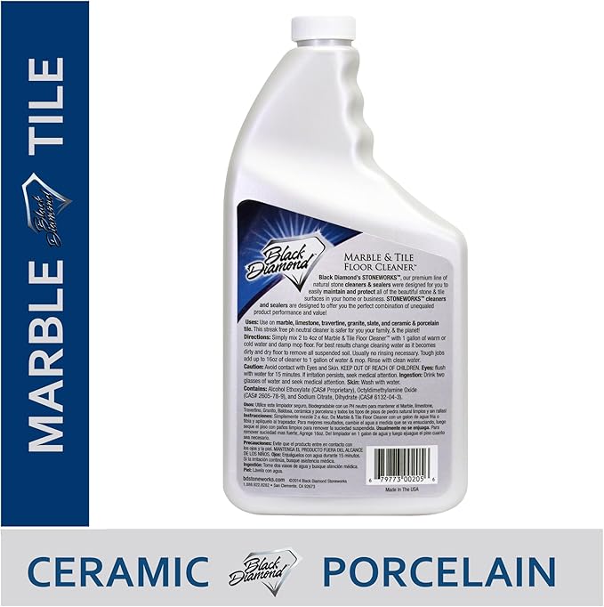 Black Diamond Stoneworks MARBLE & TILE FLOOR CLEANER. Great for Ceramic, Porcelain, Granite, Natural Stone, Vinyl and Brick. No-rinse Concentrate. (1-Quart)