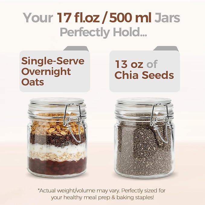 ComSaf 17oz Glass Jars with Airtight Lids 6-Pack, Wide Mouth Wire Clamp Canisters for Sourdough Starter, Fridge Pickling & Pantry Organization, Straight-Sided Farmhouse Apothecary Jars (500ml)