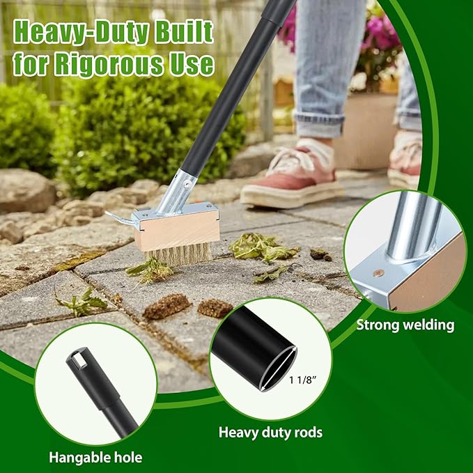DEROFIT Crack Weeder Moss Remover Brush with 45 inch Handle,Manual Crevice Weeding Tool Stand Weed Puller Grout Brush for Deck,Patio,Sidewalk, Walkway,Driveway, Paving,Crevice Cleaning Tool