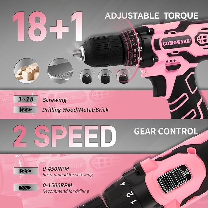 COMOWARE Pink Household Tool Set with 12V Cordless Drill Driver, Hand Tool Kit for Women, Power Drill Set with Plastic Toolbox, Ideal for Office, Garden, DIY Project