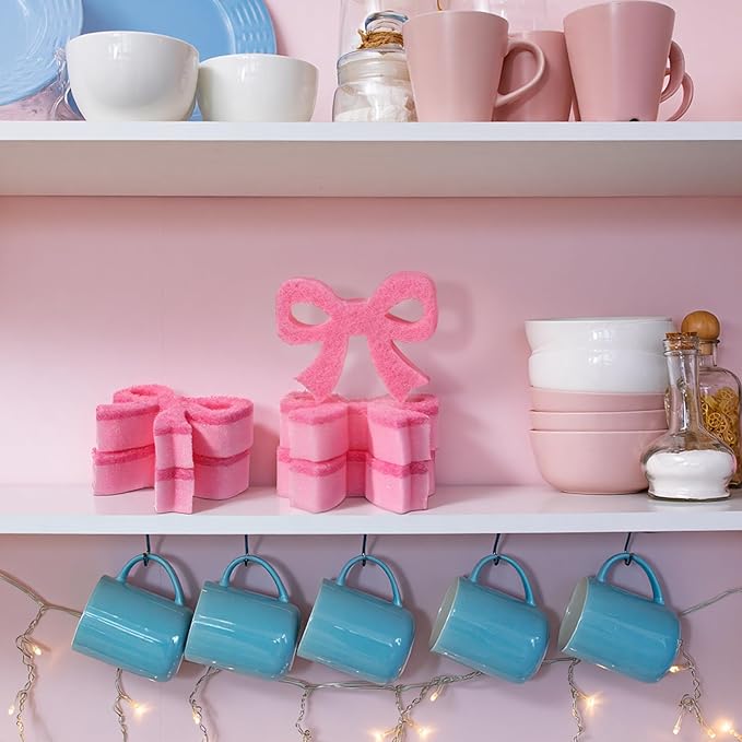 Tioncy 12 Pack Pink Bow Kitchen Sponges Bulk Pink Coquette Dual Sided Non-Scratch Scrubber Sponges Bow Dishwashing Kitchen Cleaning Accessories for Dishes Pots Pans Cute Household Supplies