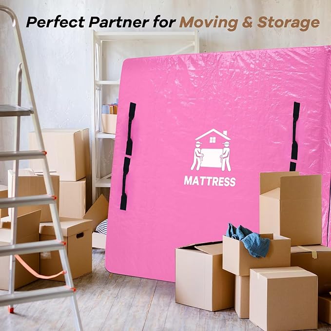 Mattress Bags for Moving, BETU Mattress Protector Waterproof Mattress Cover Queen Size Storage Bags with 8 Heavy-Duty Handles and Zipper for Bed Extra Thick Large Reusable (82"x62"x15" Pink)