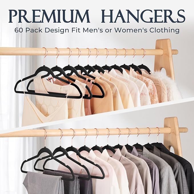 HOUSE DAY Black Velvet Hangers 20 Pack, Premium Non-Slip Felt Clothes, Sturdy Heavy Duty Coat, Durable Hangers for Suits, Space Saving with No Hanger Mark, 360° Swivel Rotating Rose Gold Hook