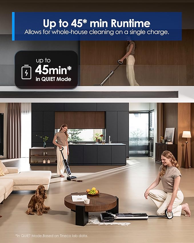 Tineco Floor ONE S6 Master Wet Dry Vacuum Cleaner, 20kPa Suction Vacuum Mop with Dual-Edge Cleaning, 45 Min Runtime (Quite Mode), 185°F Flashdry, 4inch Ultra-Slim