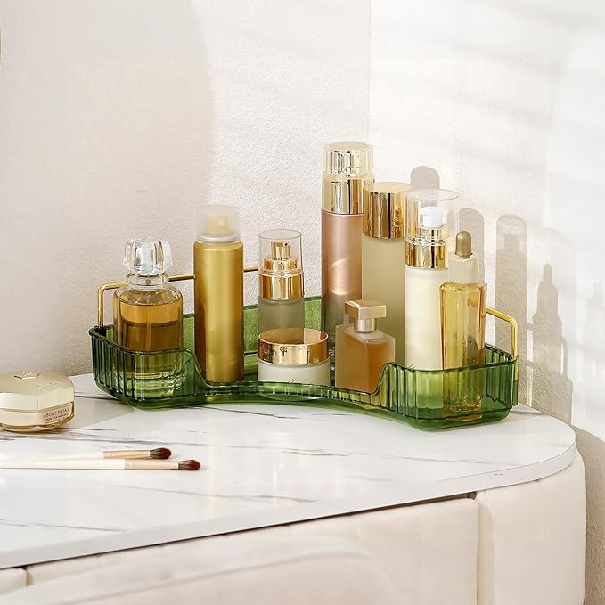INVSSENE Corner Bathroom Countertop Organizer, Vanity Organizer Trays for Counter, Makeup Organizers, Perfume Tray, Skincare Shelf Storage Gifts for Women Girl Student (Green, 1 Tier)