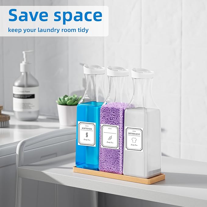 Laundry Detergent Dispenser,54OZ Laundry Soap Dispenser,Liquid Laundry Detergent Container,Fabric Softener Dispenser with Bamboo Wood Tray,Laundry Room Organizer with 4 Labels