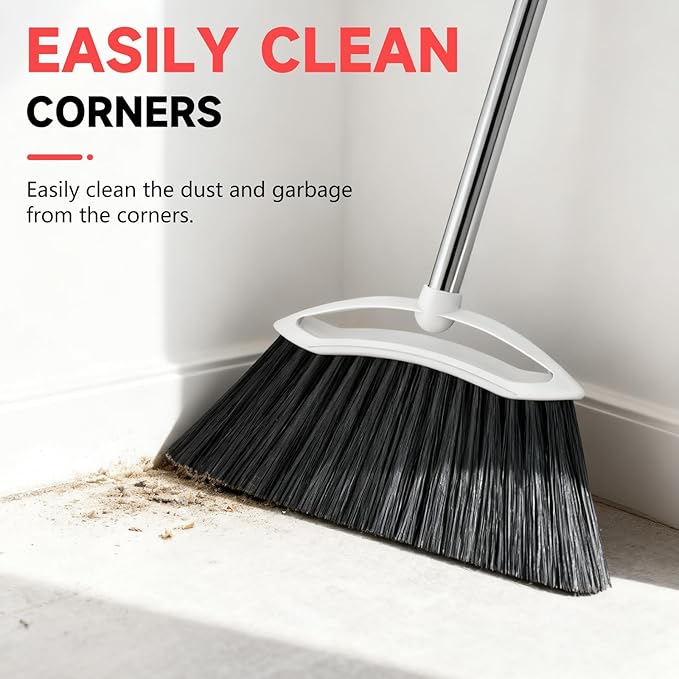 Heavy Duty Broom, 54-inch Adjustable Long Handle Angle Brooms Large Brooms for Sweeping Indoor and Outdoor Commercial Broom for Home Kitchen Patio Garage Porch Courtyard Classroom, White
