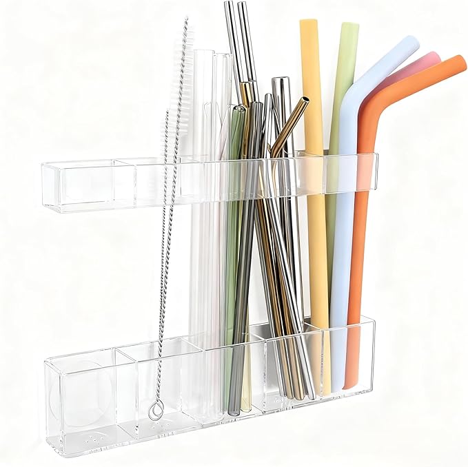 Acrylic Straw Holder for Cabinet Door - Child-Safe Organizer & Dispenser with Smooth Rounded Edges for Kitchen Accessories Storage, Adhesive Circles Included (Clear Transparent)