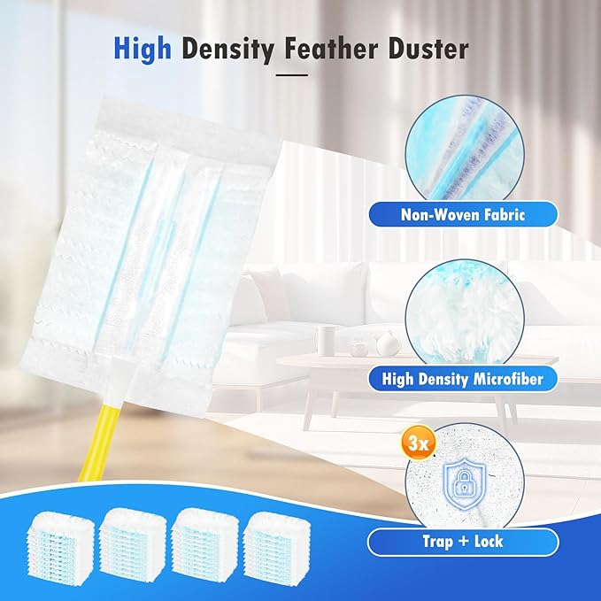 50 Count 180° Multi-Surface Feather Duster Refills Compatible with Swiffer® Handle, Heavy Duty Duster Replacement with 1 Handle