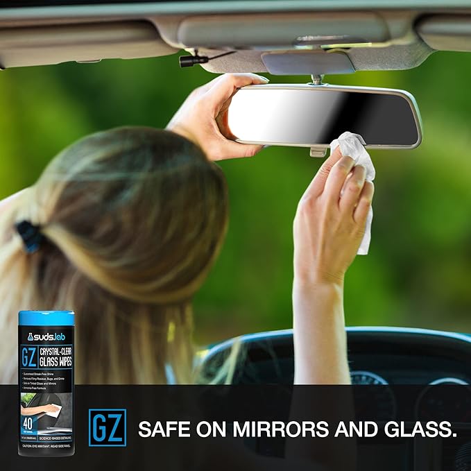 Suds Lab GZ Crystal-Clear Glass Wipes, Streak-Free Windshield, Mirror, and Window Wash, Disposable Wipes for Auto Interior and Exterior Car Windows, 40 count