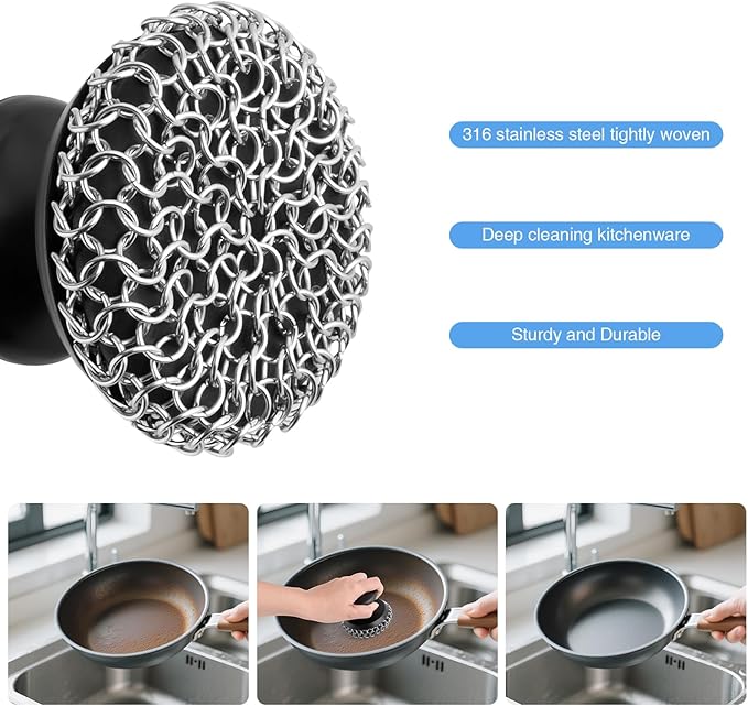 Cast Iron Scrubber Cleaner, Chainmail Scrubber for Cast Iron Pan Skillet, Dish Scouring Pad, 316 Stainless Steel Brush/Scraper for Metal Skillet Scrubbing, Wok, Dutch Oven Cleaning Kit - Thick Mesh