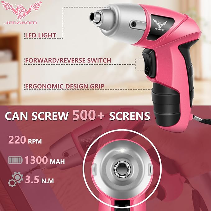 Pink 151PCS Tool Kit with 3.6V USB Electric Screwdriver, Cordless Drill Set, Home Tool Set for Women