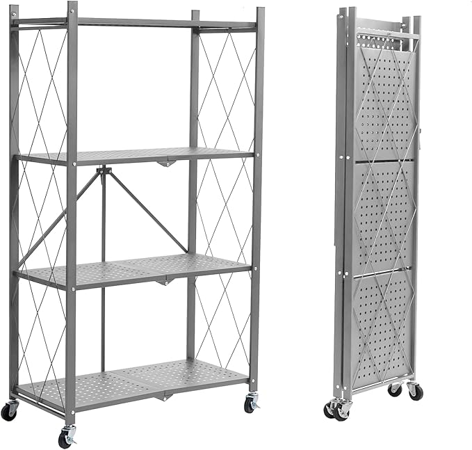 BRIAN & DANY 4-Tier Foldable Storage Shelves with Wheels, Folding Metal Rack Shelving Unit, Heavy Duty No Assembly Organizer Shelf for Garage, Kitchen, Basement, Pantry, Gray