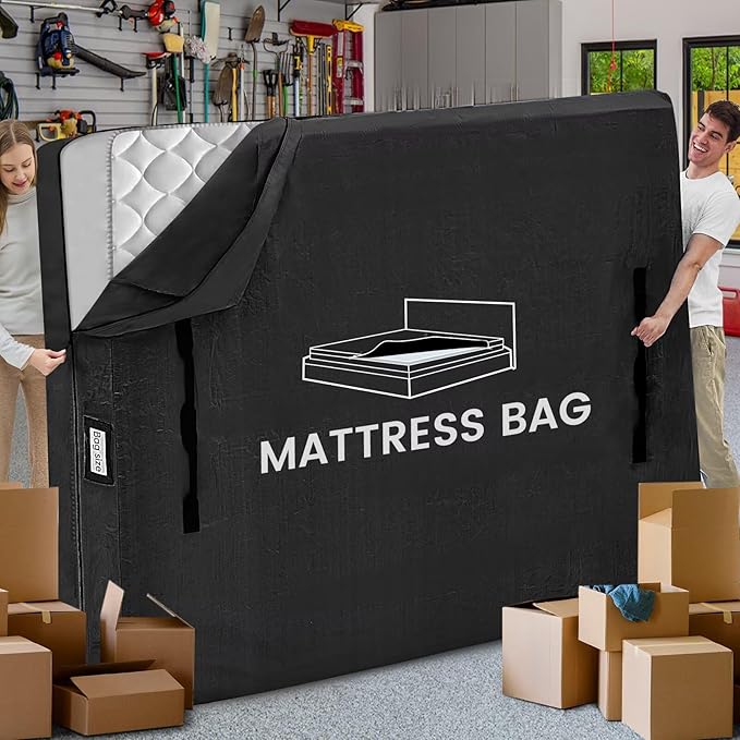 Mattress Bags for Moving and Storage, BETU Waterproof Mattress Protector Full XL Mattress Cover with 8 Heavy Duty Handles and Zipper Extra Thick Moving Supplies for Bed Reusable (82x57x13.5 Black)