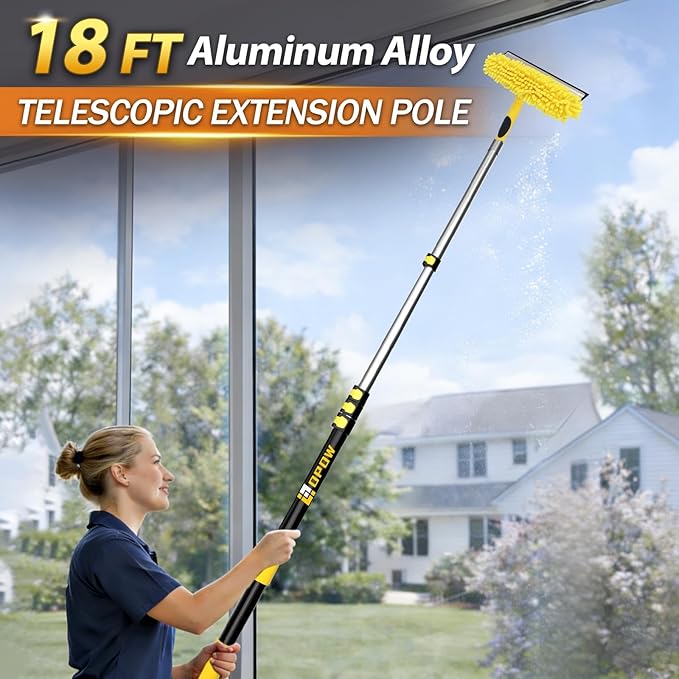 24FT High Reach Window Squeegee with Extension Pole, 2-1 Window Washing Kit with 5-Stage Telescopic Pole & Rotatable Head, No-Ladder Window Cleaner for High Window, Solar Panel, RV & Outdoor Glass