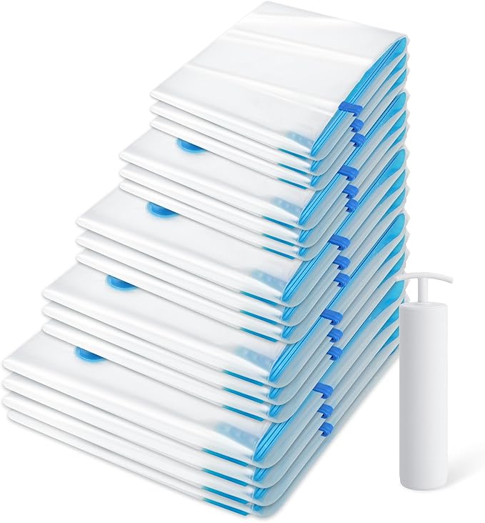 18 Pack Vacuum Storage Bags，Space Saver Bags(4 Jumbo/4 Large/4 Medium/3 Small/3 Roll),Compression for Comforters and Blankets, Sealer Clothes Storage, Hand Pump Included