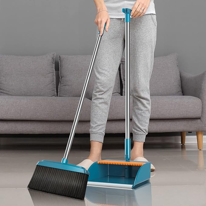 Broom and Dustpan Set, Plastic Silicone Hand Broom for Home & Kitchen, Long Handle Upright Stand Up Small Outdoor Brooms Household Cleaning Supplies Apartment Home Dorm Essentials (Green)
