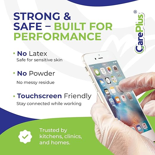 CARE PLUS Vinyl Gloves Clear Medium Size 200 Count | Heavy Duty, Non-Sterile, Powder-Free, Latex-Free Rubber | Food Prep, Kitchen & Cleaning Gloves, Ideal for Professional Use