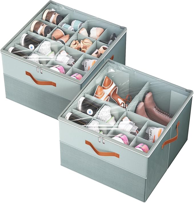 Shoe Organizer for Closet,2 Pack Foldable Shoe Storage Organizer Box Bin with Adjustable Dividers and Clear Cover, Fits up to 16-32 Pairs（Grey）