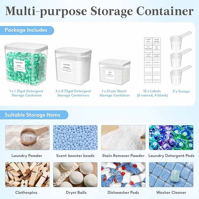 Lifewit Laundry Pods Container with Pop-up Lid, Laundry Room Organization, Dryer Sheet Holder for Washing Powder Scent Booster Beads, 2700 +4500+1800ml/0.5+0.72+1.2gal,4 Pcs