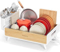 Urackify Dish Drying Rack for Kitchen Counter - Stainless Steel & Bamboo Dish Rack with Large Removable Utensil Holder, Dish Drainer with Adjustable Automatic Spout, White