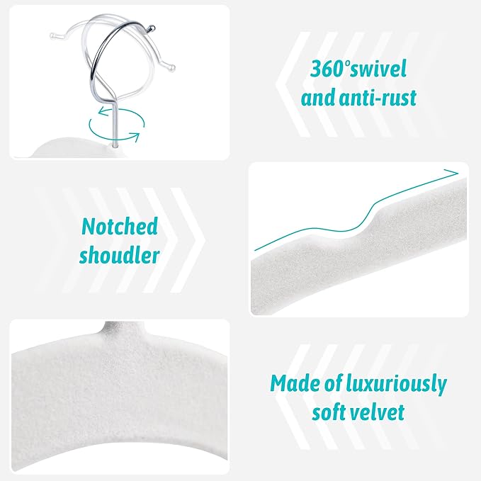 Sishynio Premium Velvet Shirt Hangers 50 Pack, Non-Slip 360° Swivel Hook Slim Felt Hanger, Space Saving Flocked Hangers for Tank Tops, Blouses, Strappy Dresses(White)