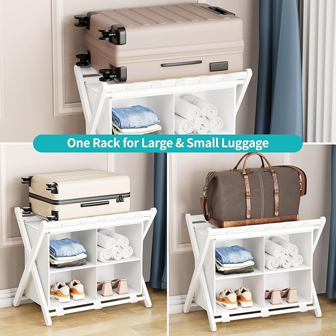 Folding Luggage Rack, 2-Pack White Bamboo Suitcase Stands with 4 Storage Compartments , Sturdy Luggage Holders for Guest Room, Bedroom, Hotel