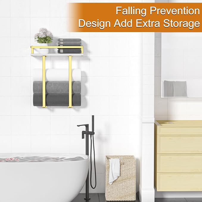 Towel Racks for Bathroom Wall Mounted, Metal Towel Holder with Wooden Shelf for Folding Large Towels, Towel Storage for Small Bathroom Organizer Decor or RV Camping,Golden