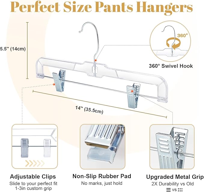 HOUSE DAY 100 Pack Skirt Hangers with Clips, Clear Plastic Pants Hangers with 2-Adjustable Clips，Non-Slip Clip Hanger for Pant, Skirts, Shorts, Bulk Retail Hanger