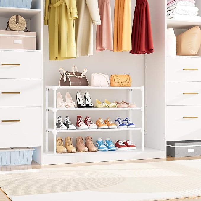 34" Widening Design Shoe Rack for Closet 16 Pairs Small Spaces Non-Woven 3 Tier Shoe Organizer Stackable Metal Shoe Shelf for Entryway, Bedroom White