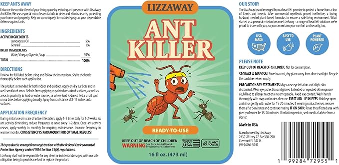Ant Killer Spray Indoor Outdoor Use - Plant-Based Formula with Lemongrass Oil and Geraniol - Kid & Pet Safe Ant Killer Spray - Natural Ants Repellent and Prevention for Home, Car, & Outdoors