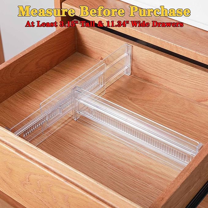 4 Pcs Drawer Dividers for Clothes, 3.15" High 11.34"-19.69" Adjustable Expandable Dresser Drawer Organizer, Clear Plastic Separators for Dresser, Baby Clothing (4, white‌)