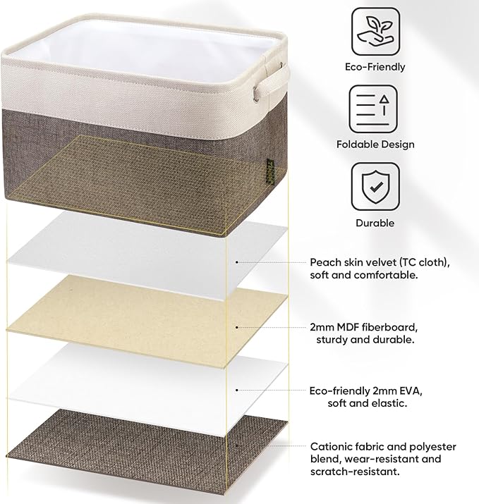 BALEINE 3 Pack Fabric Storage Bins for Shelves, Linen Storage Baskets for Organizing, Decorative Closet Bins for Clothes, Home (Brown, 15"x11"x9.5") ﻿