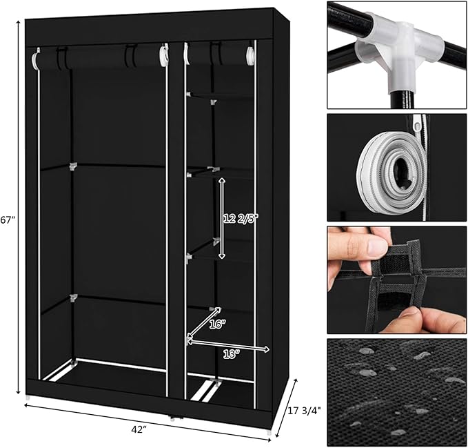 Portable Closet Wardrobe,67'' Closet Storage Organizer Rack with Shelves and Cover for Hanging Clothes, Non-Woven Fabric, Quick and Easy to Assembly (Black)