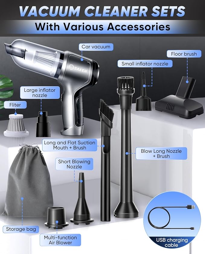 Saker Car Vacuum Portable Cordless Handheld Car Vacuum 15000PA High Power with Brushless Motor and Blower for Cars,Office,Home Cleaning HL107B