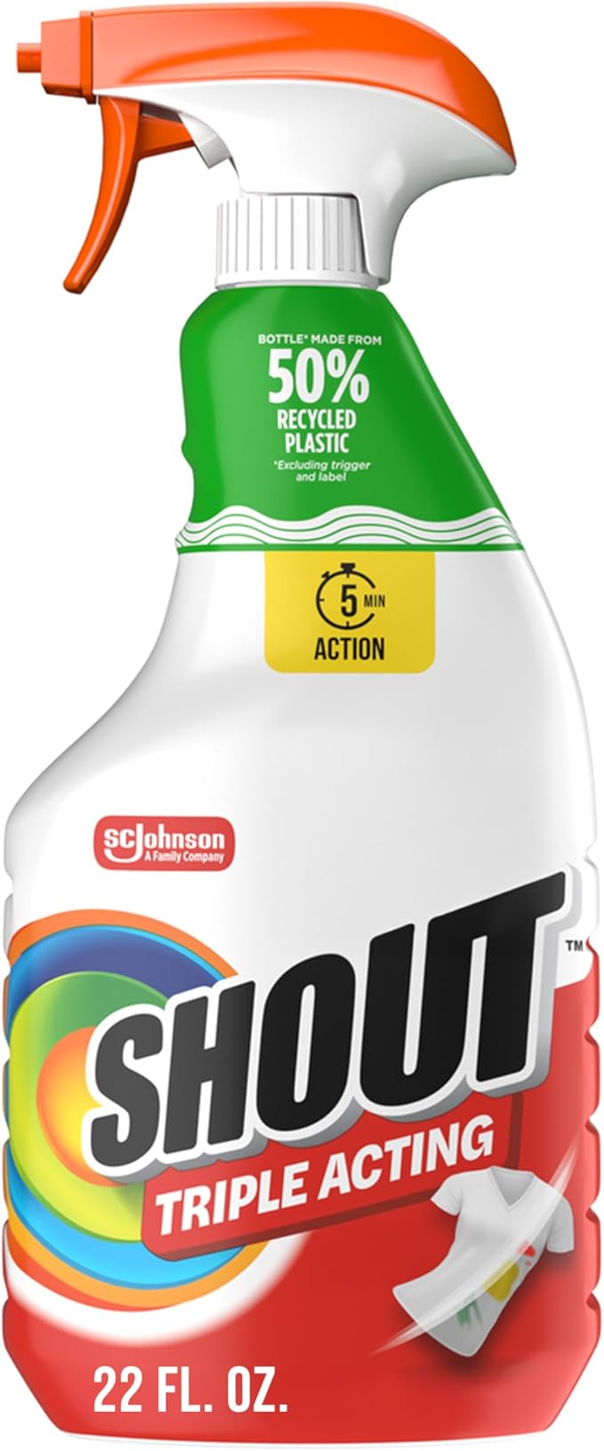 Shout Active Enzyme Laundry Stain Remover Spray, Triple-Acting Formula Clings, Penetrates, and Lifts 100+ Types of Everyday Stains - Prewash Spray 22oz